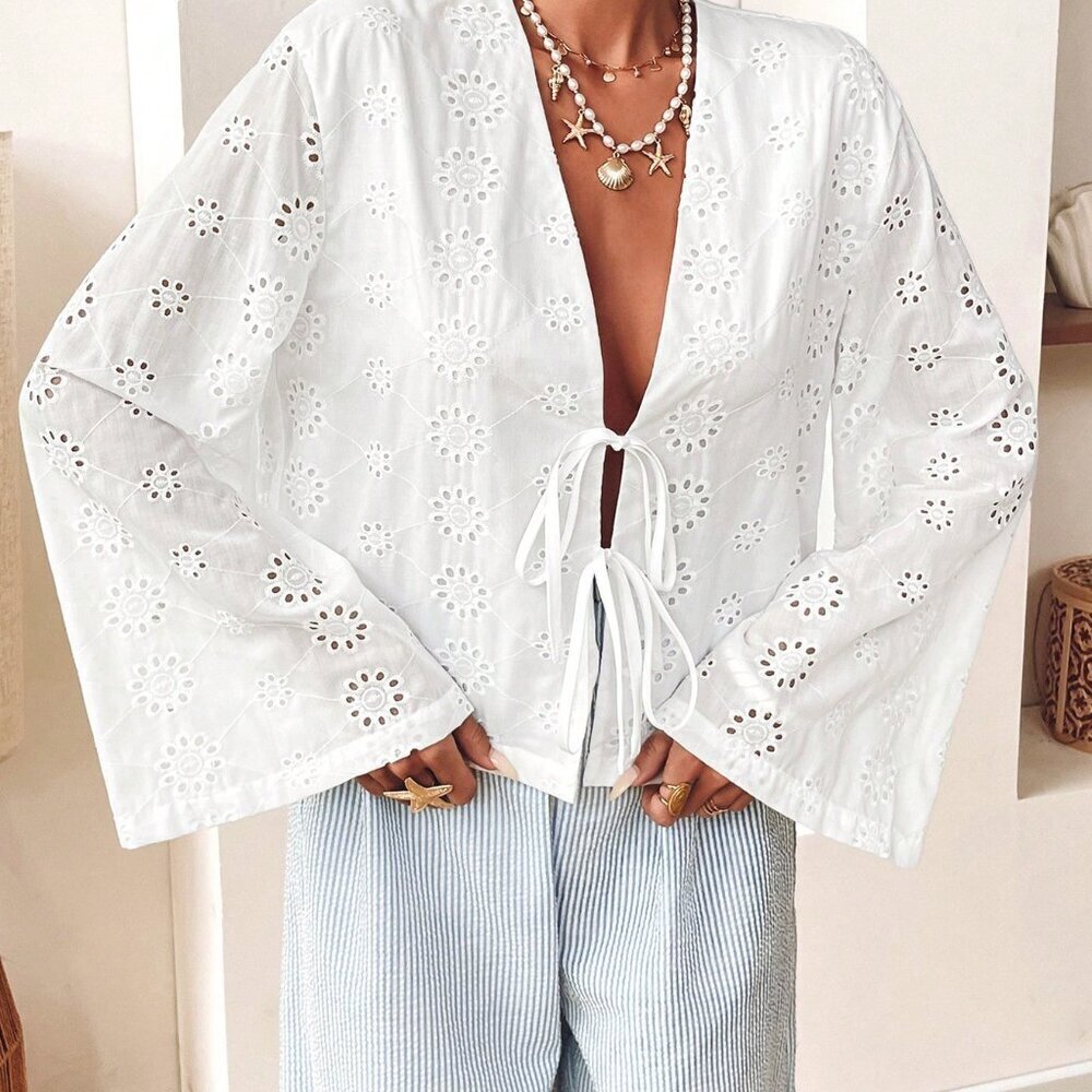 White Boho Women's Casual Woven Long Sleeve Front Tie Loose Blouse